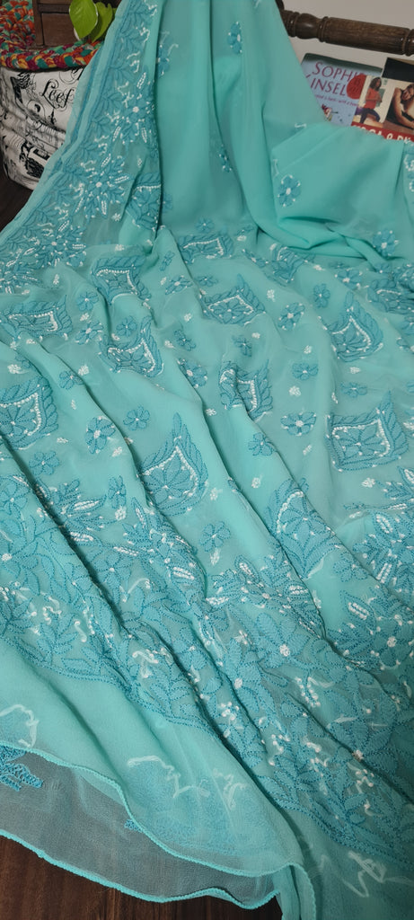 Zynah Teal green colored Georgette Lucknowi Hand embroidered Chikankari Saree; Custom stitched/ readymade blouse,fall,petticoat,available in USA
