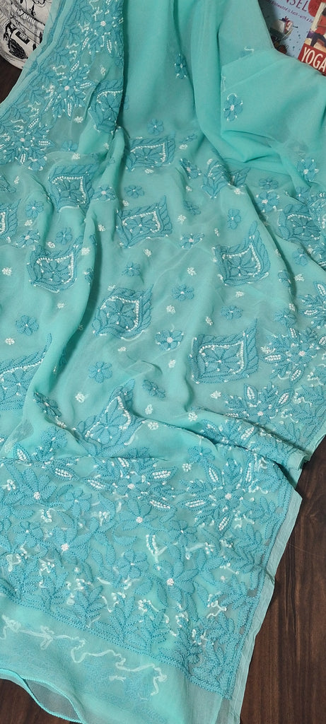 Zynah Teal green colored Georgette Lucknowi Hand embroidered Chikankari Saree; Custom stitched/ readymade blouse,fall,petticoat,available in USA