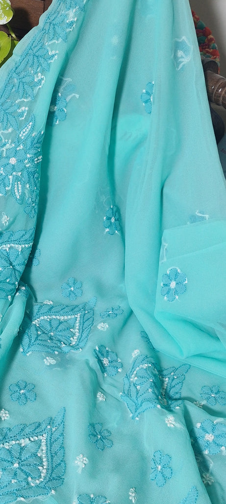 Zynah Teal green colored Georgette Lucknowi Hand embroidered Chikankari Saree; Custom stitched/ readymade blouse,fall,petticoat,available in USA