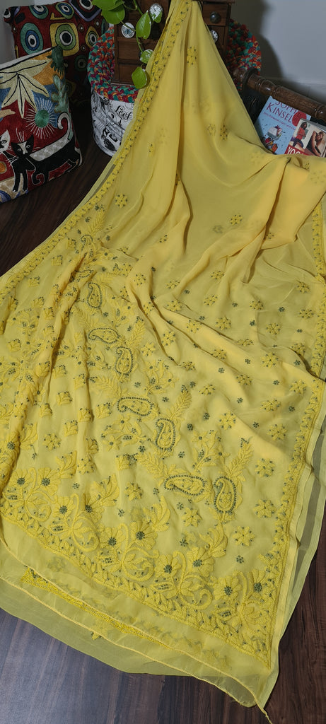 Zynah Lemon Yellow colored Georgette Lucknowi Hand embroidered Chikankari Saree; Custom Stitched/Ready-made Blouse, Fall, Petticoat; Shipping available USA, Worldwide