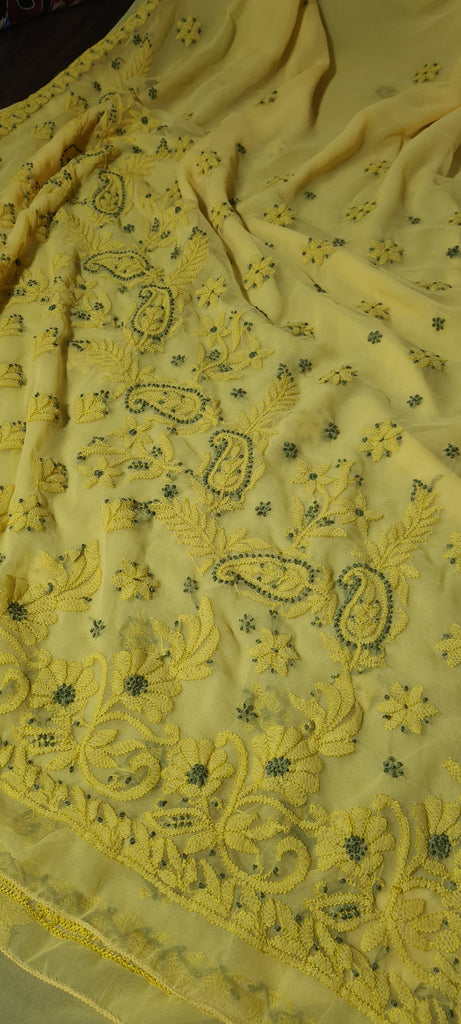 Zynah Lemon Yellow colored Georgette Lucknowi Hand embroidered Chikankari Saree; Custom Stitched/Ready-made Blouse, Fall, Petticoat; Shipping available USA, Worldwide