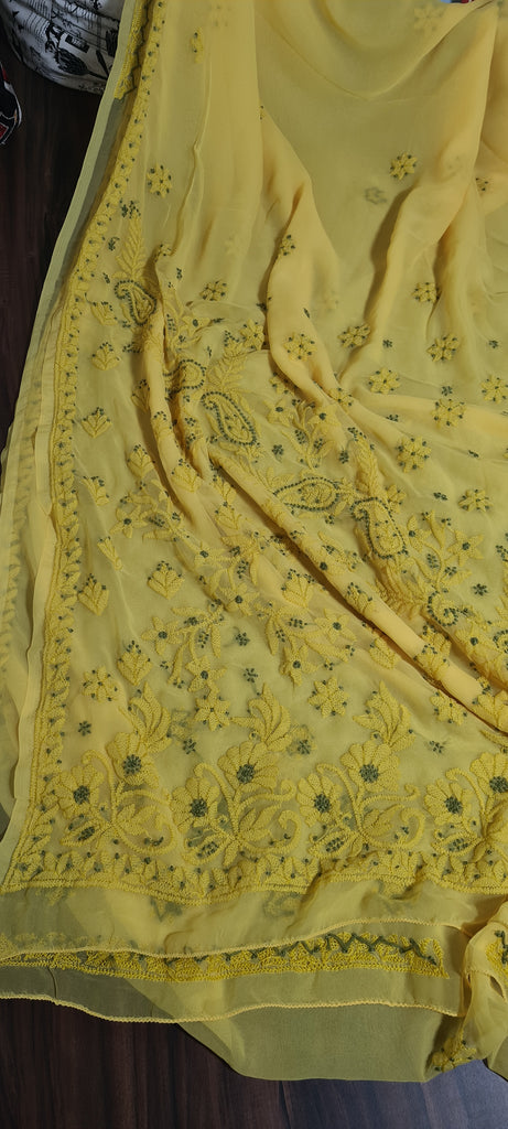 Zynah Lemon Yellow colored Georgette Lucknowi Hand embroidered Chikankari Saree; Custom Stitched/Ready-made Blouse, Fall, Petticoat; Shipping available USA, Worldwide