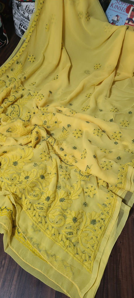 Zynah Lemon Yellow colored Georgette Lucknowi Hand embroidered Chikankari Saree; Custom Stitched/Ready-made Blouse, Fall, Petticoat; Shipping available USA, Worldwide