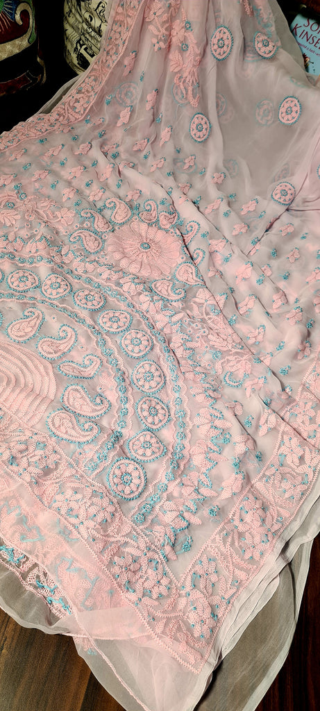 Zynah Powder Pink Georgette Lucknowi Hand embroidered Chikankari Saree; Custom Stitched/Ready-made Blouse, Fall, Petticoat; Shipping available USA, Worldwide