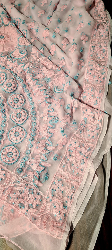Zynah Powder Pink Georgette Lucknowi Hand embroidered Chikankari Saree; Custom Stitched/Ready-made Blouse, Fall, Petticoat; Shipping available USA, Worldwide