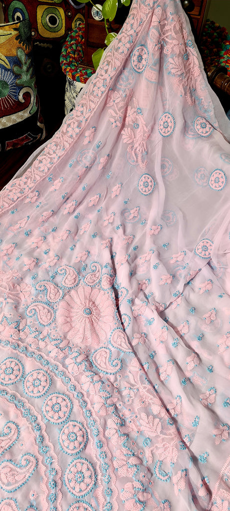 Zynah Powder Pink Georgette Lucknowi Hand embroidered Chikankari Saree; Custom Stitched/Ready-made Blouse, Fall, Petticoat; Shipping available USA, Worldwide