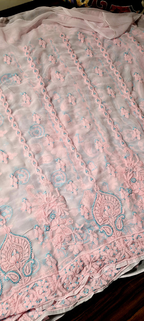 Zynah Powder Pink Georgette Lucknowi Hand embroidered Chikankari Saree; Custom Stitched/Ready-made Blouse, Fall, Petticoat; Shipping available USA, Worldwide