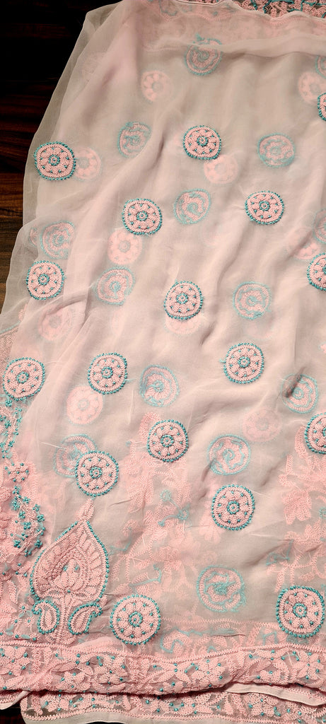 Zynah Powder Pink Georgette Lucknowi Hand embroidered Chikankari Saree; Custom Stitched/Ready-made Blouse, Fall, Petticoat; Shipping available USA, Worldwide