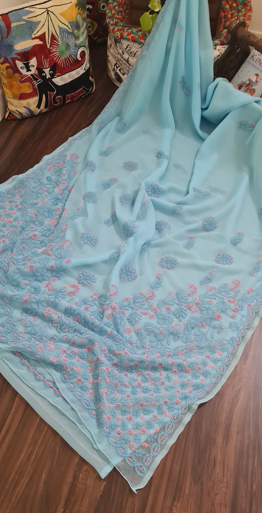 Zynah Sky blue colored Georgette Lucknowi Hand embroidered Chikankari Saree ;Custom stitched/ readymade blouse,fall,petticoat,available in USA