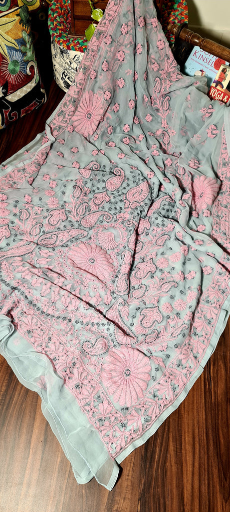 Zynah Grey colored Georgette Lucknowi Hand embroidered Chikankari Saree; Custom Stitched/Ready-made Blouse, Fall, Petticoat; Shipping available USA, Worldwide