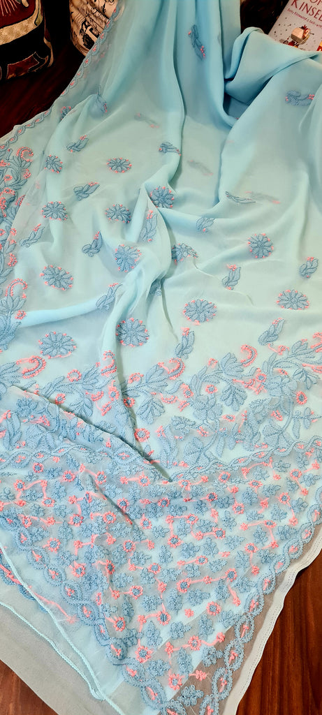 Zynah Sky blue colored Georgette Lucknowi Hand embroidered Chikankari Saree ;Custom stitched/ readymade blouse,fall,petticoat,available in USA