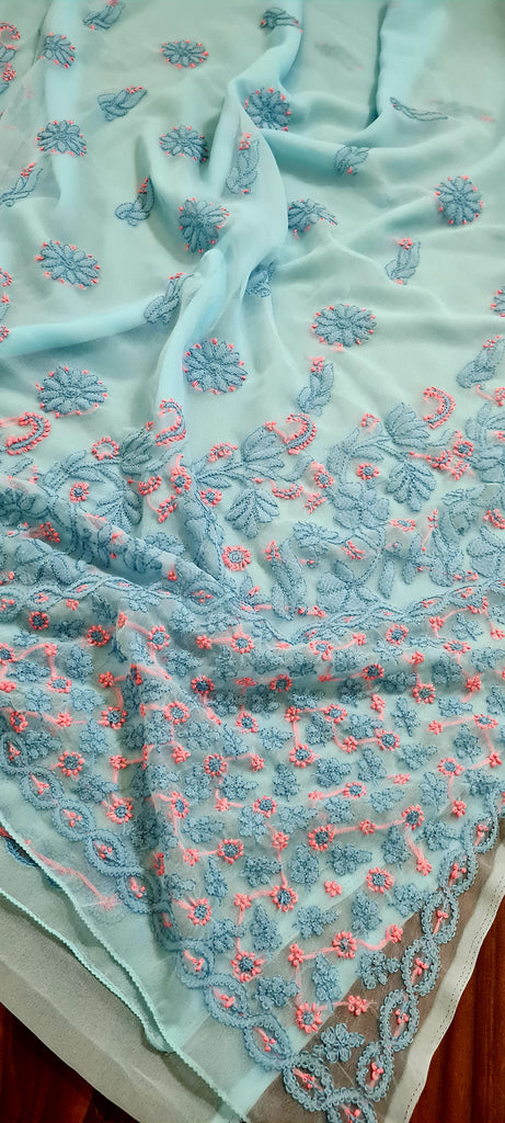 Zynah Sky blue colored Georgette Lucknowi Hand embroidered Chikankari Saree ;Custom stitched/ readymade blouse,fall,petticoat,available in USA