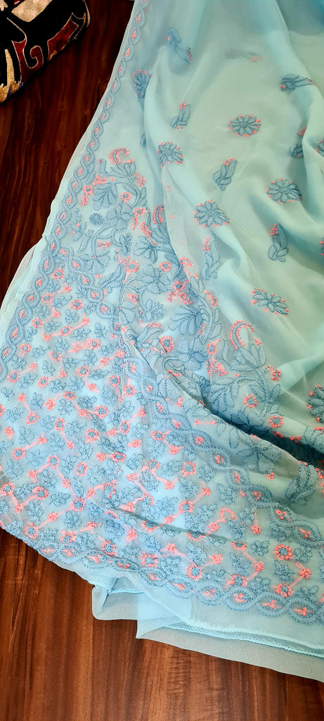 Zynah Sky blue colored Georgette Lucknowi Hand embroidered Chikankari Saree ;Custom stitched/ readymade blouse,fall,petticoat,available in USA