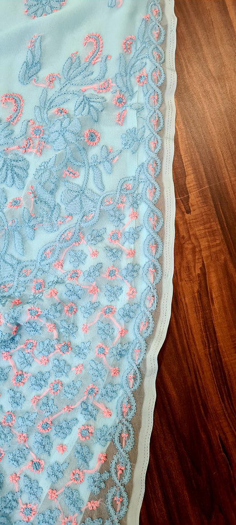 Zynah Sky blue colored Georgette Lucknowi Hand embroidered Chikankari Saree ;Custom stitched/ readymade blouse,fall,petticoat,available in USA
