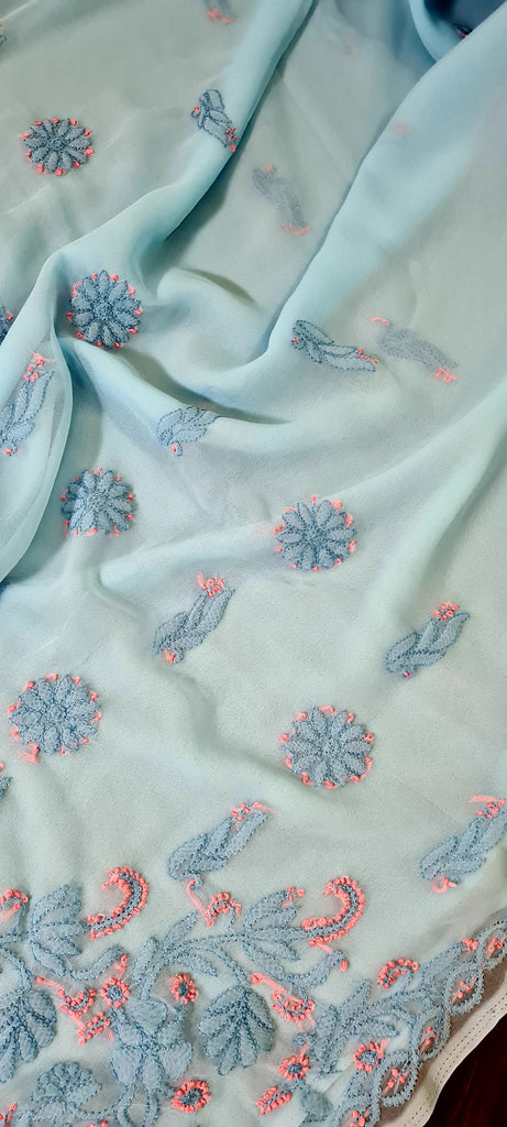 Zynah Sky blue colored Georgette Lucknowi Hand embroidered Chikankari Saree ;Custom stitched/ readymade blouse,fall,petticoat,available in USA