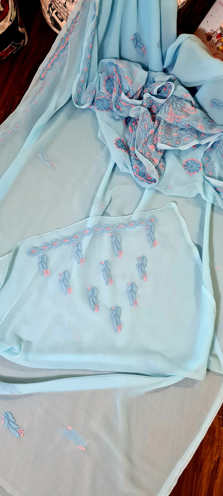 Zynah Sky blue colored Georgette Lucknowi Hand embroidered Chikankari Saree ;Custom stitched/ readymade blouse,fall,petticoat,available in USA