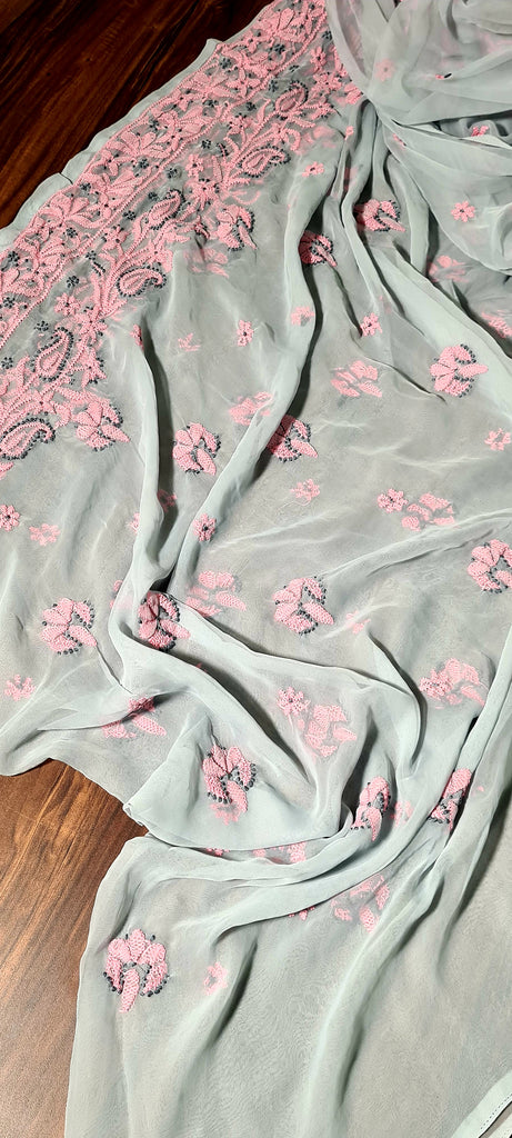 Zynah Grey colored Georgette Lucknowi Hand embroidered Chikankari Saree; Custom Stitched/Ready-made Blouse, Fall, Petticoat; Shipping available USA, Worldwide