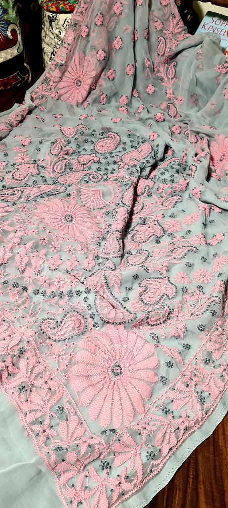 Zynah Grey colored Georgette Lucknowi Hand embroidered Chikankari Saree; Custom Stitched/Ready-made Blouse, Fall, Petticoat; Shipping available USA, Worldwide