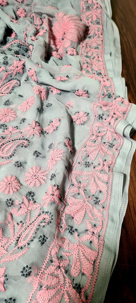 Zynah Grey colored Georgette Lucknowi Hand embroidered Chikankari Saree; Custom Stitched/Ready-made Blouse, Fall, Petticoat; Shipping available USA, Worldwide