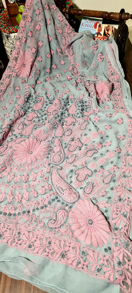 Zynah Grey colored Georgette Lucknowi Hand embroidered Chikankari Saree; Custom Stitched/Ready-made Blouse, Fall, Petticoat; Shipping available USA, Worldwide