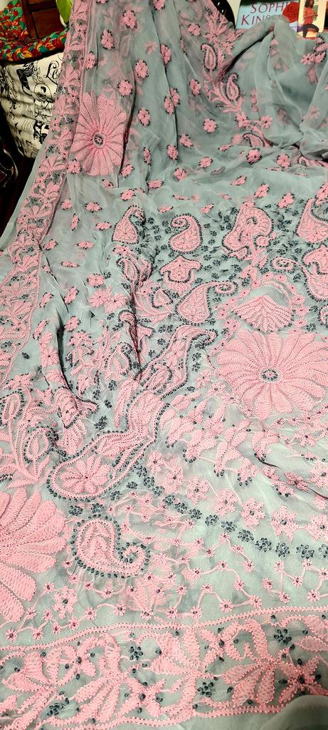 Zynah Grey colored Georgette Lucknowi Hand embroidered Chikankari Saree; Custom Stitched/Ready-made Blouse, Fall, Petticoat; Shipping available USA, Worldwide