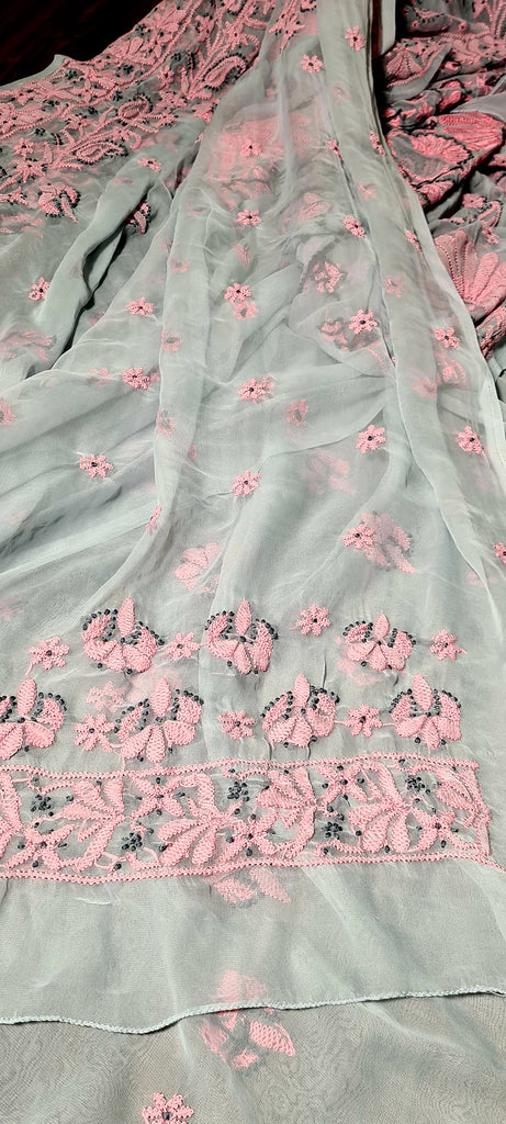 Zynah Grey colored Georgette Lucknowi Hand embroidered Chikankari Saree; Custom Stitched/Ready-made Blouse, Fall, Petticoat; Shipping available USA, Worldwide