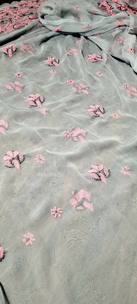 Zynah Grey colored Georgette Lucknowi Hand embroidered Chikankari Saree; Custom Stitched/Ready-made Blouse, Fall, Petticoat; Shipping available USA, Worldwide