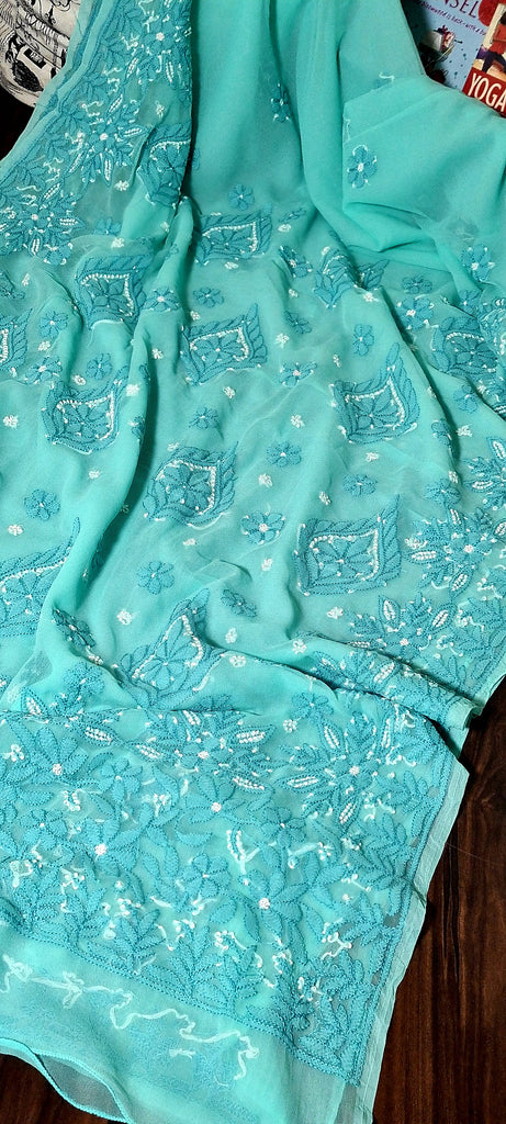 Zynah Teal green colored Georgette Lucknowi Hand embroidered Chikankari Saree; Custom stitched/ readymade blouse,fall,petticoat,available in USA