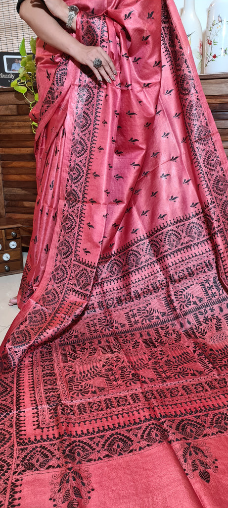 Zynah Cherry Red Pure Tussar Silk Kantha Handwork Saree; Custom Stitched/Ready-made Blouse, Fall, Petticoat; Shipping available USA, Worldwide