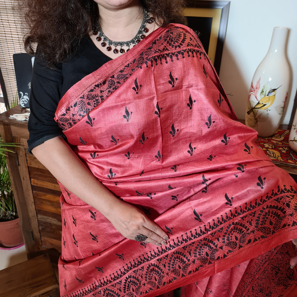 Zynah Cherry Red Pure Tussar Silk Kantha Handwork Saree; Custom Stitched/Ready-made Blouse, Fall, Petticoat; Shipping available USA, Worldwide