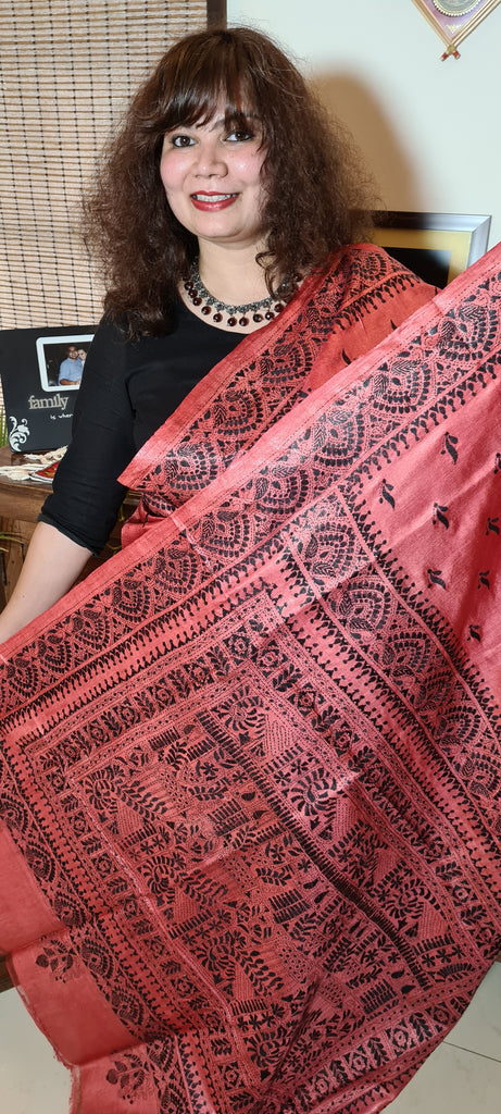 Zynah Cherry Red Pure Tussar Silk Kantha Handwork Saree; Custom Stitched/Ready-made Blouse, Fall, Petticoat; Shipping available USA, Worldwide