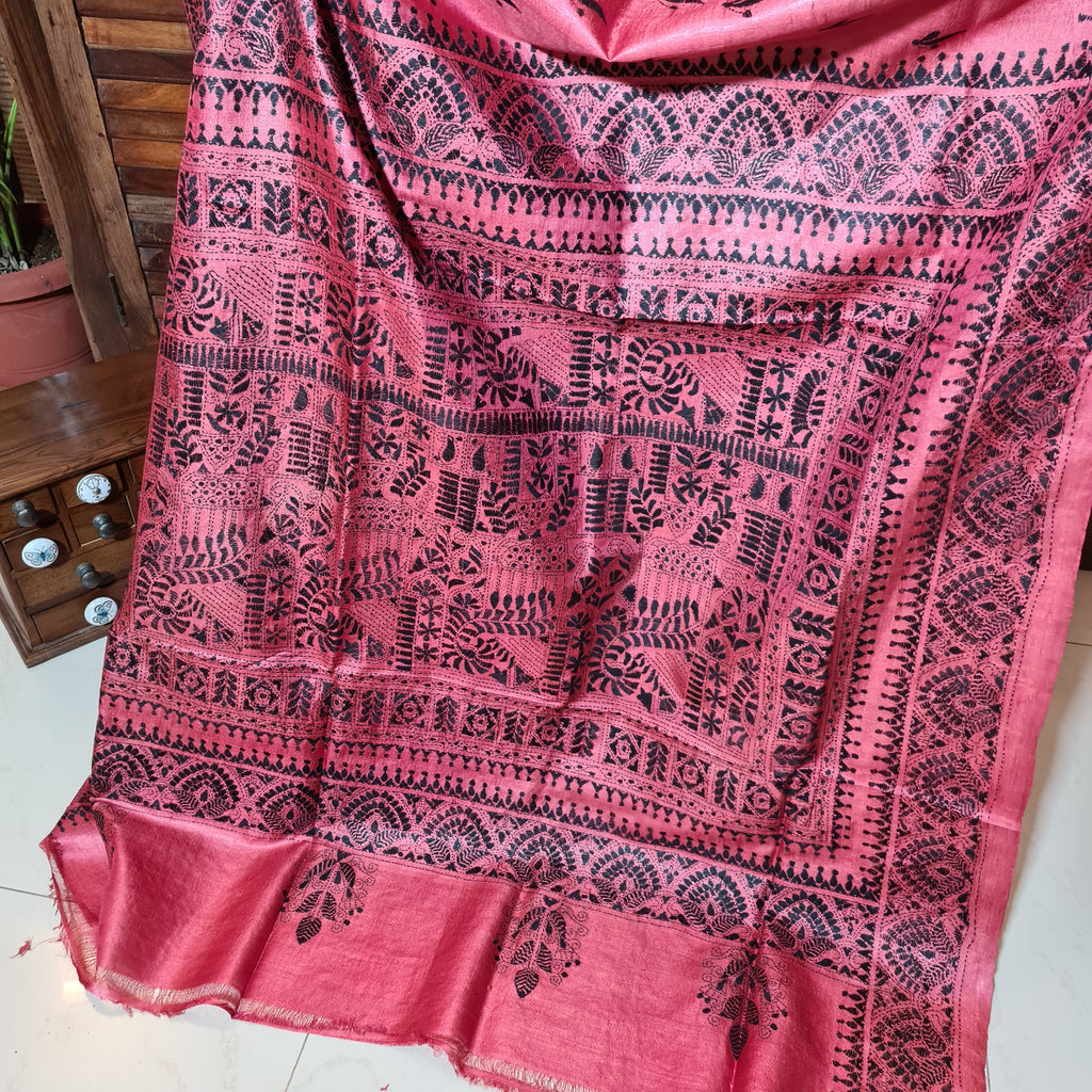 Zynah Cherry Red Pure Tussar Silk Kantha Handwork Saree; Custom Stitched/Ready-made Blouse, Fall, Petticoat; Shipping available USA, Worldwide