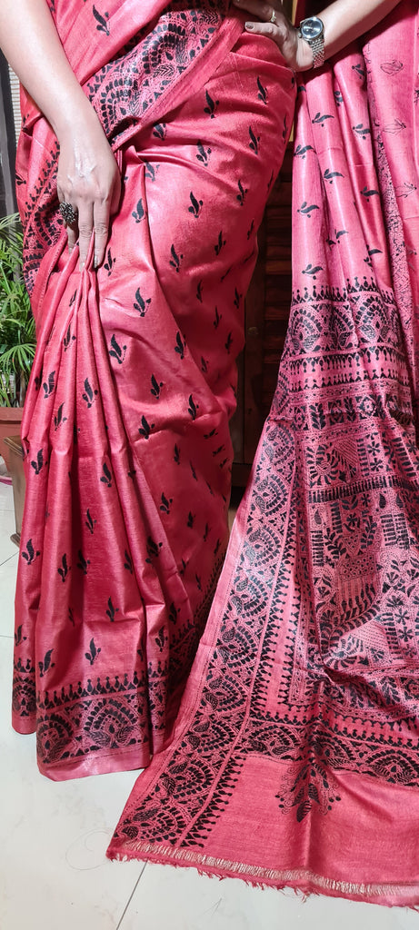 Zynah Cherry Red Pure Tussar Silk Kantha Handwork Saree; Custom Stitched/Ready-made Blouse, Fall, Petticoat; Shipping available USA, Worldwide