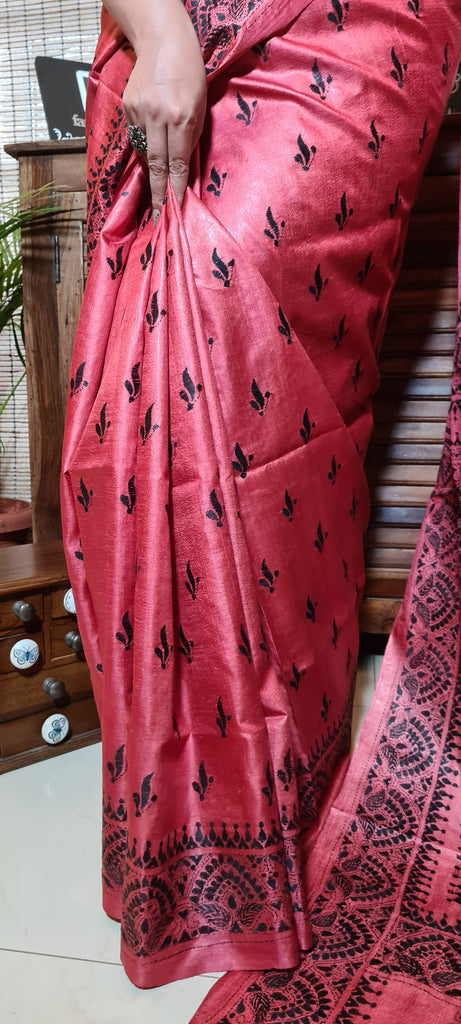 Zynah Cherry Red Pure Tussar Silk Kantha Handwork Saree; Custom Stitched/Ready-made Blouse, Fall, Petticoat; Shipping available USA, Worldwide