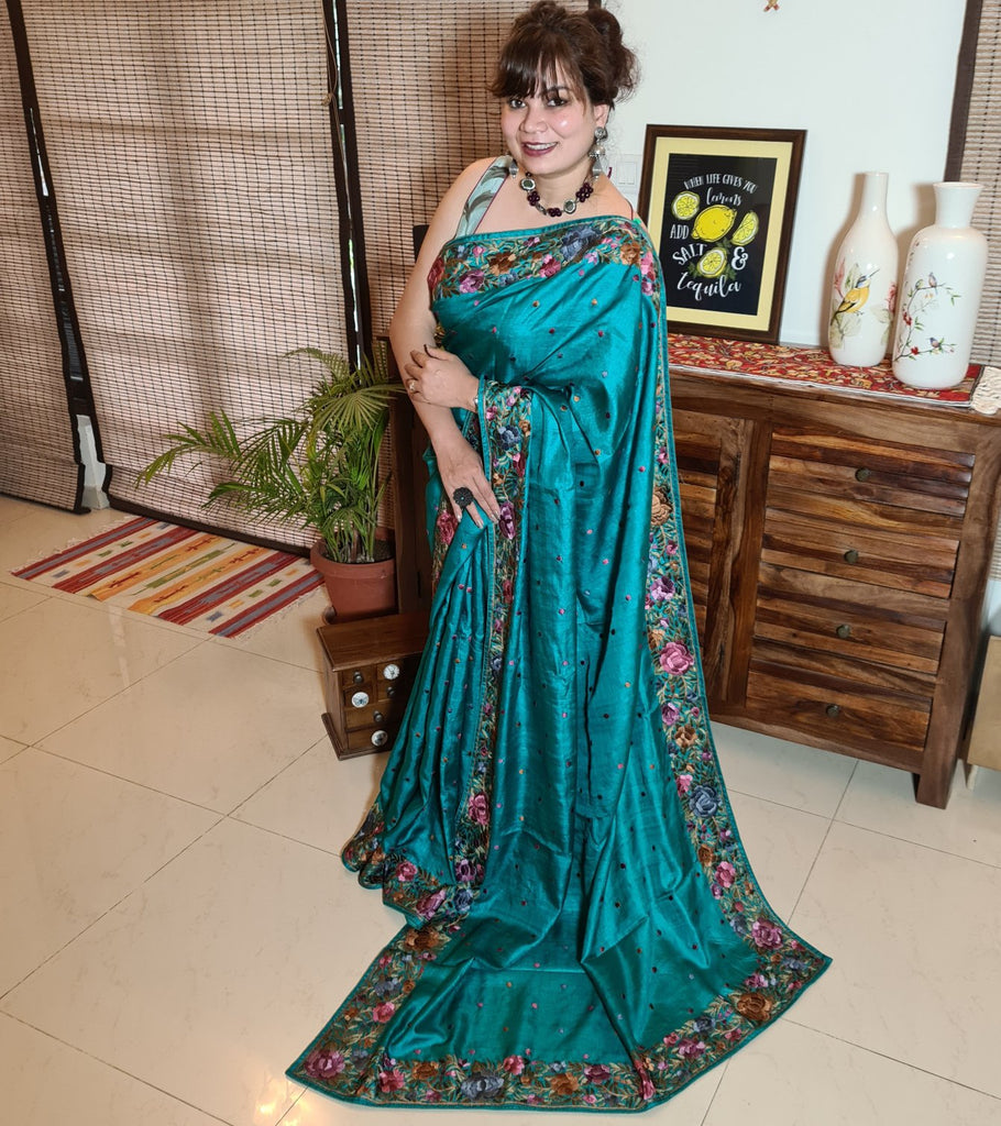Zynah Made to Order Pure Tussar Silk Parsi Gara Handcrafted Saree; Custom Stitched/Ready-made Blouse, Fall, Petticoat; Shipping available USA, Worldwide