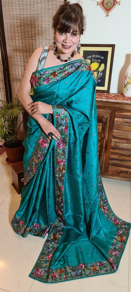 Zynah Made to Order Pure Tussar Silk Parsi Gara Handcrafted Saree; Custom Stitched/Ready-made Blouse, Fall, Petticoat; Shipping available USA, Worldwide