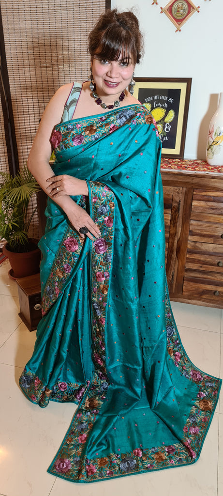 Zynah Made to Order Pure Tussar Silk Parsi Gara Handcrafted Saree; Custom Stitched/Ready-made Blouse, Fall, Petticoat; Shipping available USA, Worldwide