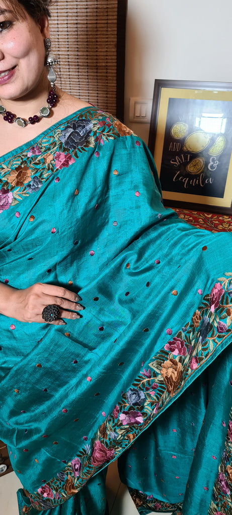 Zynah Made to Order Pure Tussar Silk Parsi Gara Handcrafted Saree; Custom Stitched/Ready-made Blouse, Fall, Petticoat; Shipping available USA, Worldwide