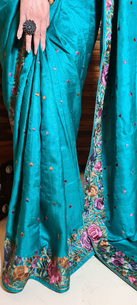 Zynah Made to Order Pure Tussar Silk Parsi Gara Handcrafted Saree; Custom Stitched/Ready-made Blouse, Fall, Petticoat; Shipping available USA, Worldwide