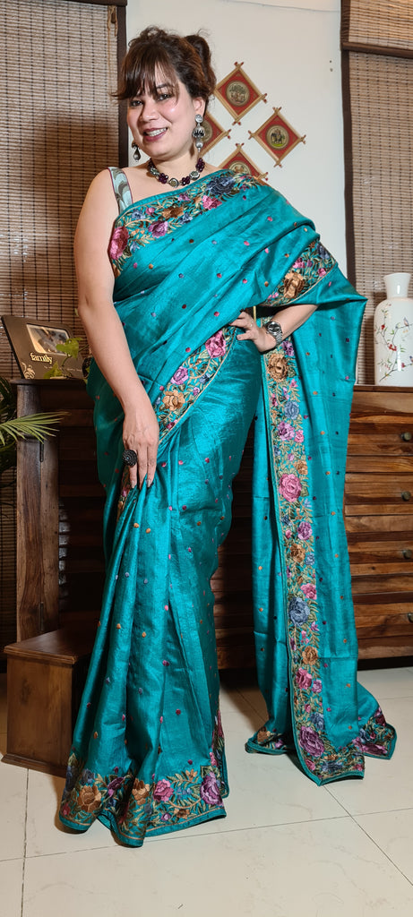 Zynah Made to Order Pure Tussar Silk Parsi Gara Handcrafted Saree; Custom Stitched/Ready-made Blouse, Fall, Petticoat; Shipping available USA, Worldwide