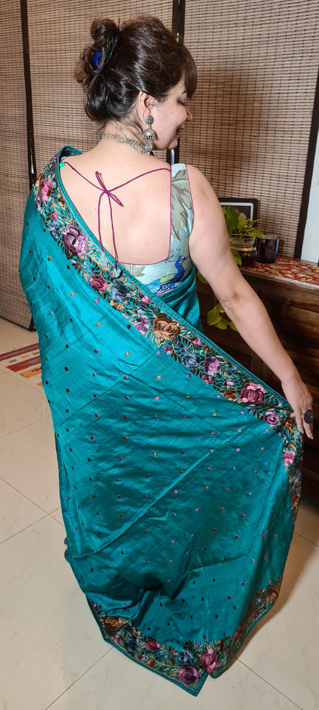 Zynah Made to Order Pure Tussar Silk Parsi Gara Handcrafted Saree; Custom Stitched/Ready-made Blouse, Fall, Petticoat; Shipping available USA, Worldwide
