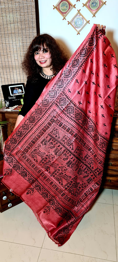 Zynah Cherry Red Pure Tussar Silk Kantha Handwork Saree; Custom Stitched/Ready-made Blouse, Fall, Petticoat; Shipping available USA, Worldwide
