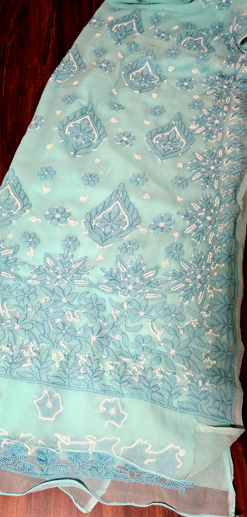 Zynah Teal green colored Georgette Lucknowi Hand embroidered Chikankari Saree; Custom stitched/ readymade blouse,fall,petticoat,available in USA