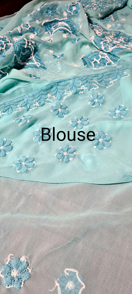 Zynah Teal green colored Georgette Lucknowi Hand embroidered Chikankari Saree; Custom stitched/ readymade blouse,fall,petticoat,available in USA
