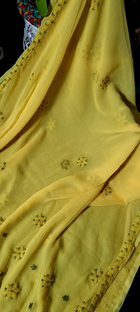 Zynah Lemon Yellow colored Georgette Lucknowi Hand embroidered Chikankari Saree; Custom Stitched/Ready-made Blouse, Fall, Petticoat; Shipping available USA, Worldwide
