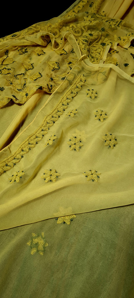 Zynah Lemon Yellow colored Georgette Lucknowi Hand embroidered Chikankari Saree; Custom Stitched/Ready-made Blouse, Fall, Petticoat; Shipping available USA, Worldwide