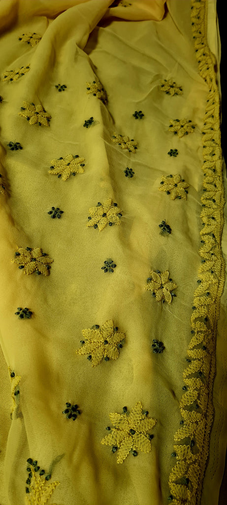 Zynah Lemon Yellow colored Georgette Lucknowi Hand embroidered Chikankari Saree; Custom Stitched/Ready-made Blouse, Fall, Petticoat; Shipping available USA, Worldwide