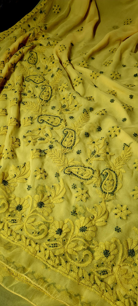 Zynah Lemon Yellow colored Georgette Lucknowi Hand embroidered Chikankari Saree; Custom Stitched/Ready-made Blouse, Fall, Petticoat; Shipping available USA, Worldwide