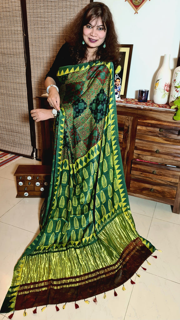 Zynah Pure Modal Silk Ajrakh Saree with Handblock Prints; Custom Stitched/Ready-made Blouse, Fall, Petticoat; Shipping available USA, Worldwide