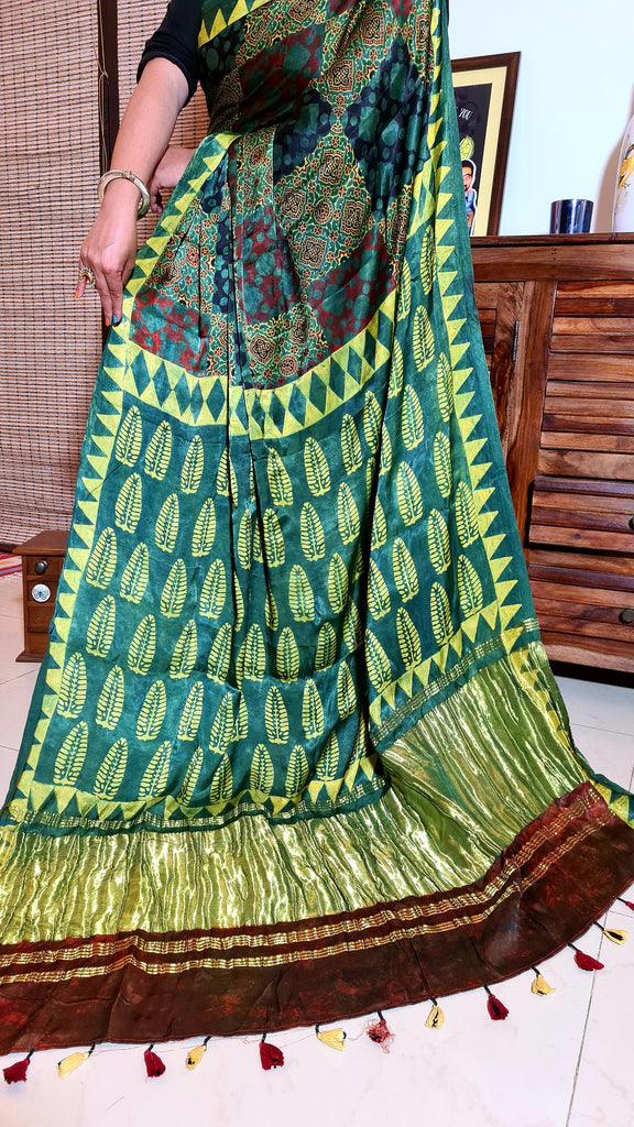 Zynah Pure Modal Silk Ajrakh Saree with Handblock Prints; Custom Stitched/Ready-made Blouse, Fall, Petticoat; Shipping available USA, Worldwide